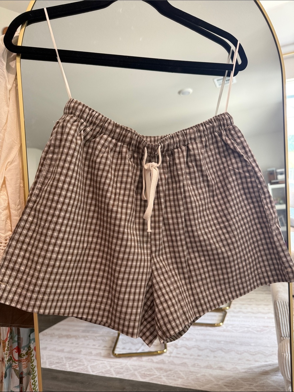 Brown Gingham Women’s Drawstring Shorts